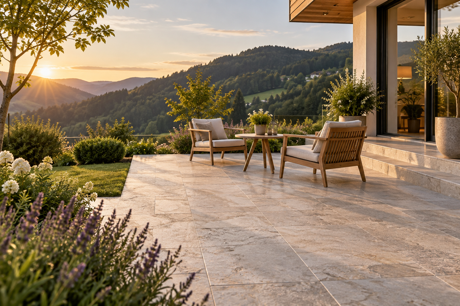 Gepflegte Steinterrasse mit Blick in die steirische Landschaft