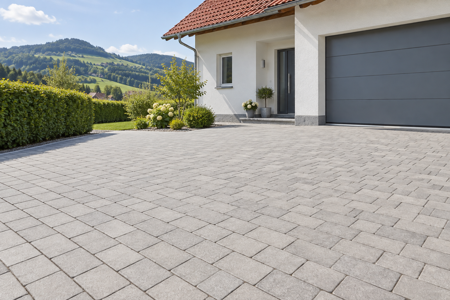 Gereinigte gepflasterte Einfahrt vor einem Haus