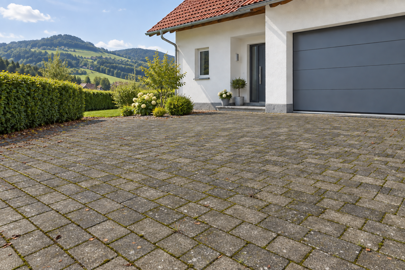 Verschmutzte gepflasterte Einfahrt vor einem Haus