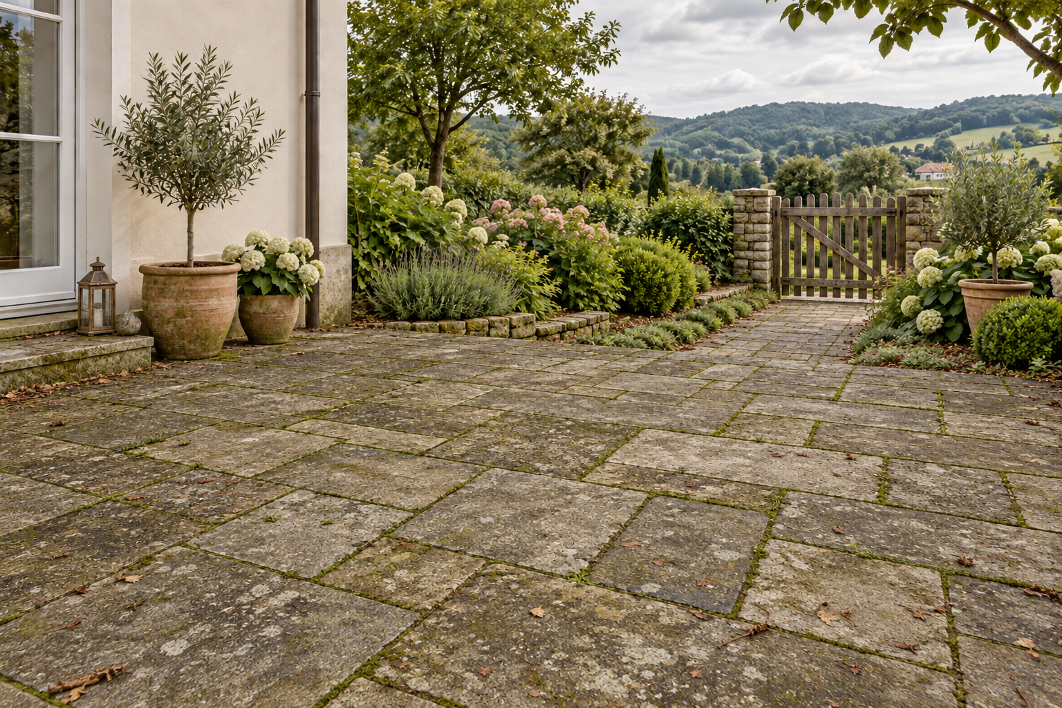 Verschmutzter Natursteinweg in einem Garten
