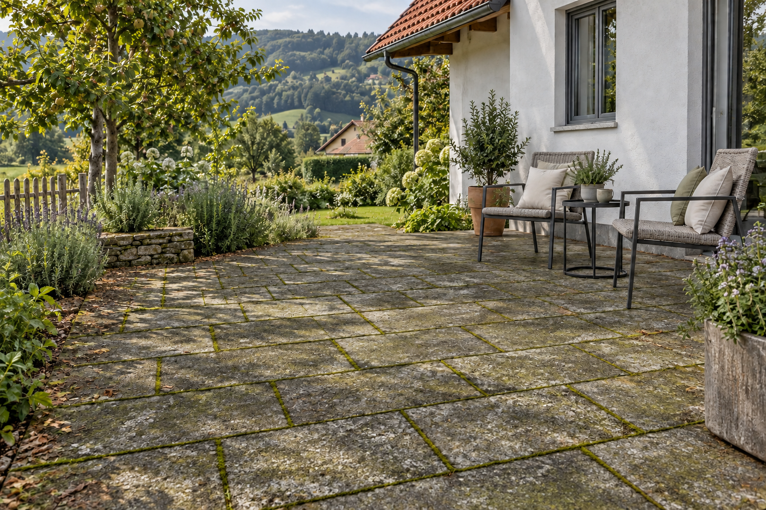 Verschmutzter Steinsitzplatz im Garten